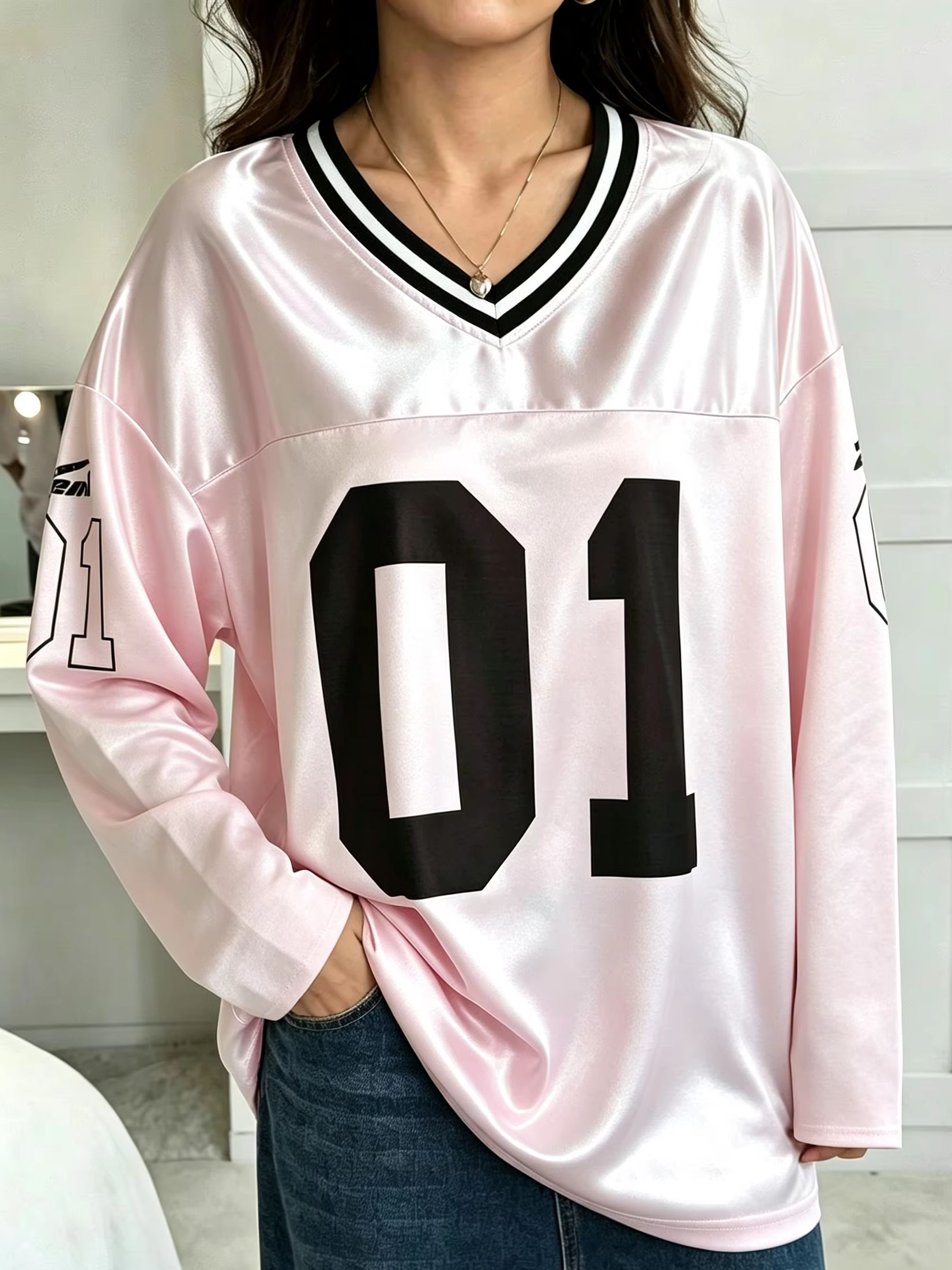 Golf Tees - เสื้อยืดแขนยาวผู้ชายผู้หญิงสไตล์วินเทจ ทรงโอเวอร์ไซส์ พิมพ์ลายเลข 01 คอวี แฟชั่นสปอร์ต