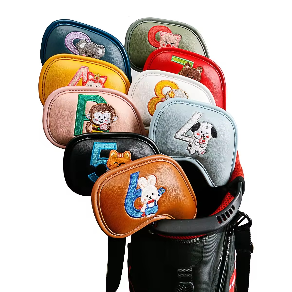 Golf Clubs - ชุดคลุมหัวไม้กอล์ฟลายการ์ตูนสัตว์น่ารัก 9 ชิ้น, วัสดุหนัง PU ปักลาย,