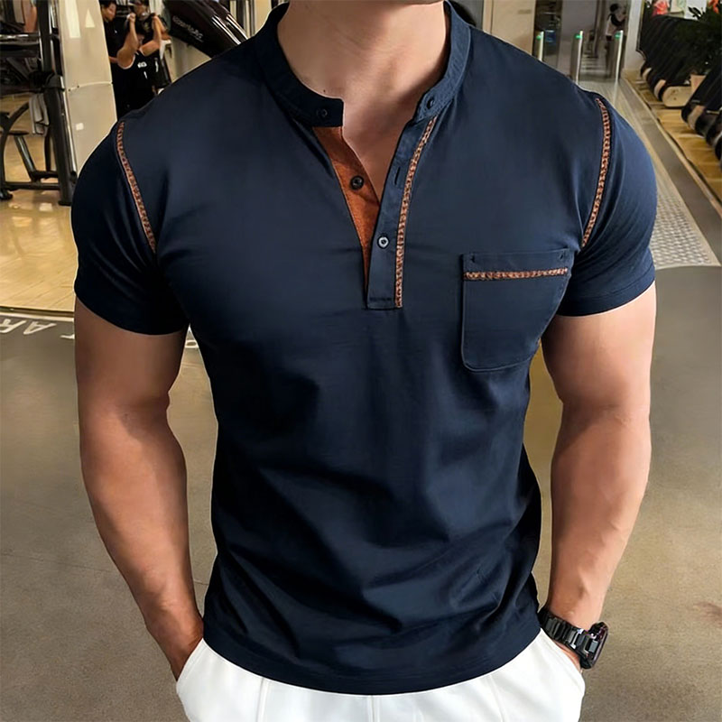 Golf Tees - เสื้อโปโลแขนสั้นคอเฮนรี่สำหรับผู้ชายรุ่นใหม่ สไตล์ลำลอง มีกระเป๋า ระบายอากาศได้ดี เหมาะสำหรับเล่นกอล์ฟ แฟชั่นสตรีท